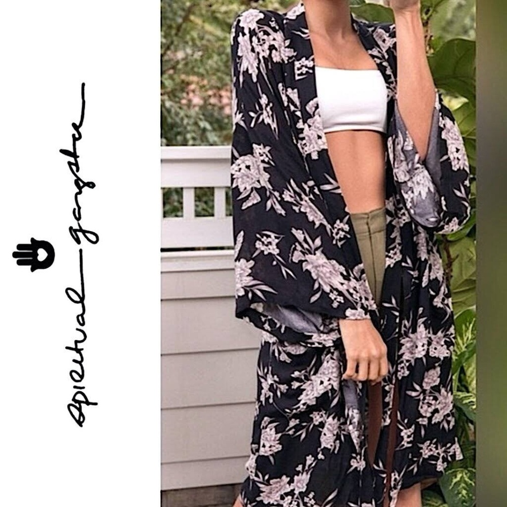 Spiritual Gangster Maya Black Floral Kimono Robe cover up